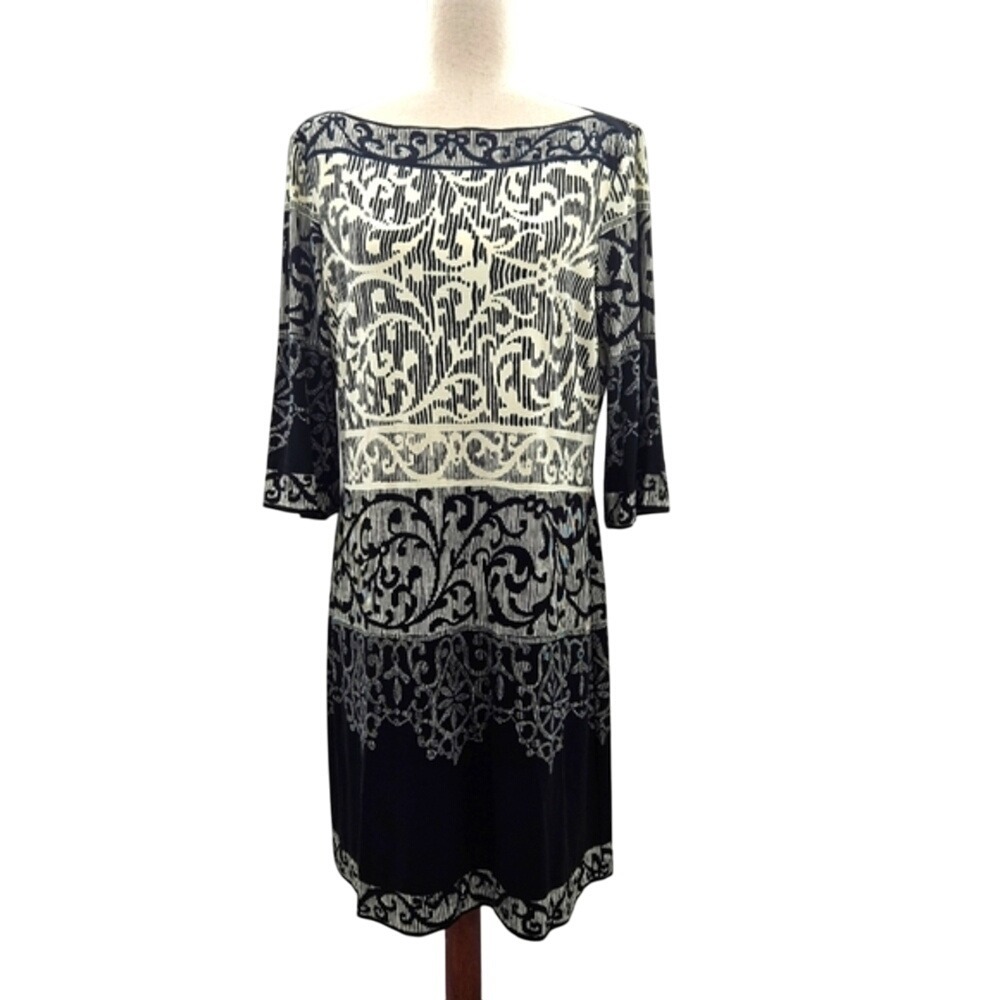 Donna Morgan Black and White Long-Sleeve Scroll Print Dress - Picture 1 of 7